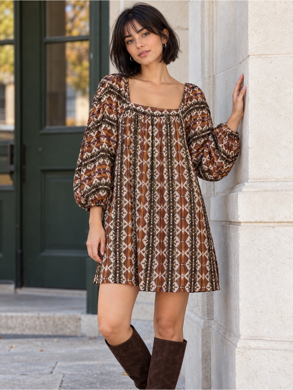 Anthropologie Maude Southwest Geometric Square Neck Puff Sleeve Mini Dress M
